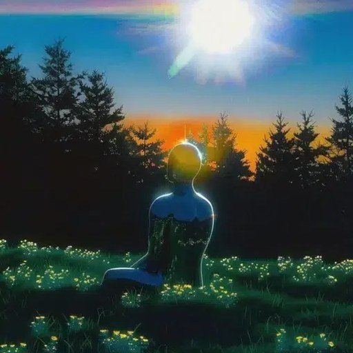 Glowing figure sitting in a meadow at sunset