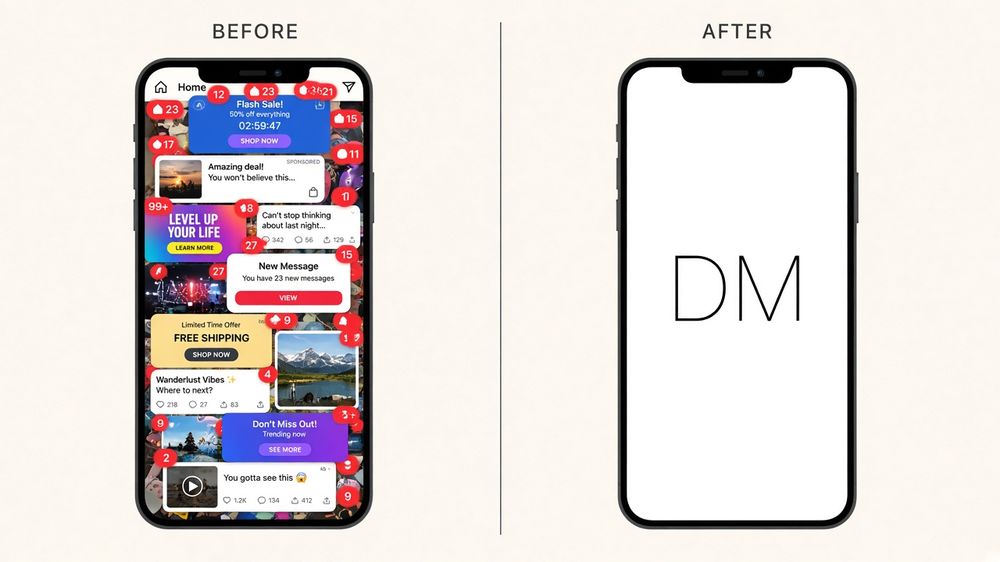 Before: a phone full of notifications. After: just DM.
